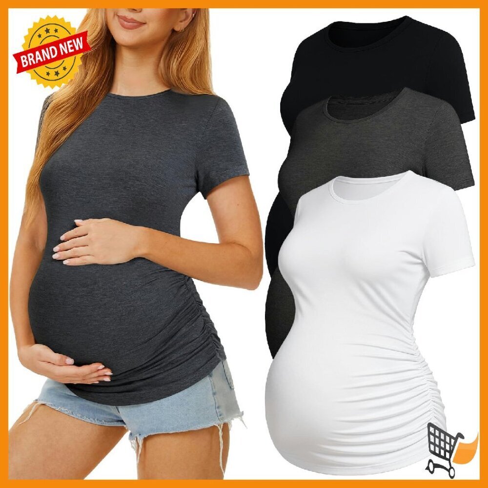 Maternity Crew Neck Tee 3-Pack Rayon Spandex Side Ruched Pregnancy Top